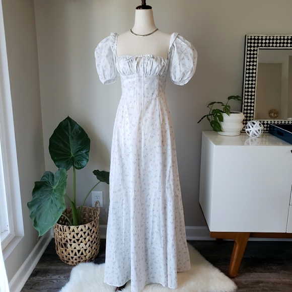 White Floral Print Puff-Sleeve Square Neck Midi Maxi Dress - Picture 2 of 12